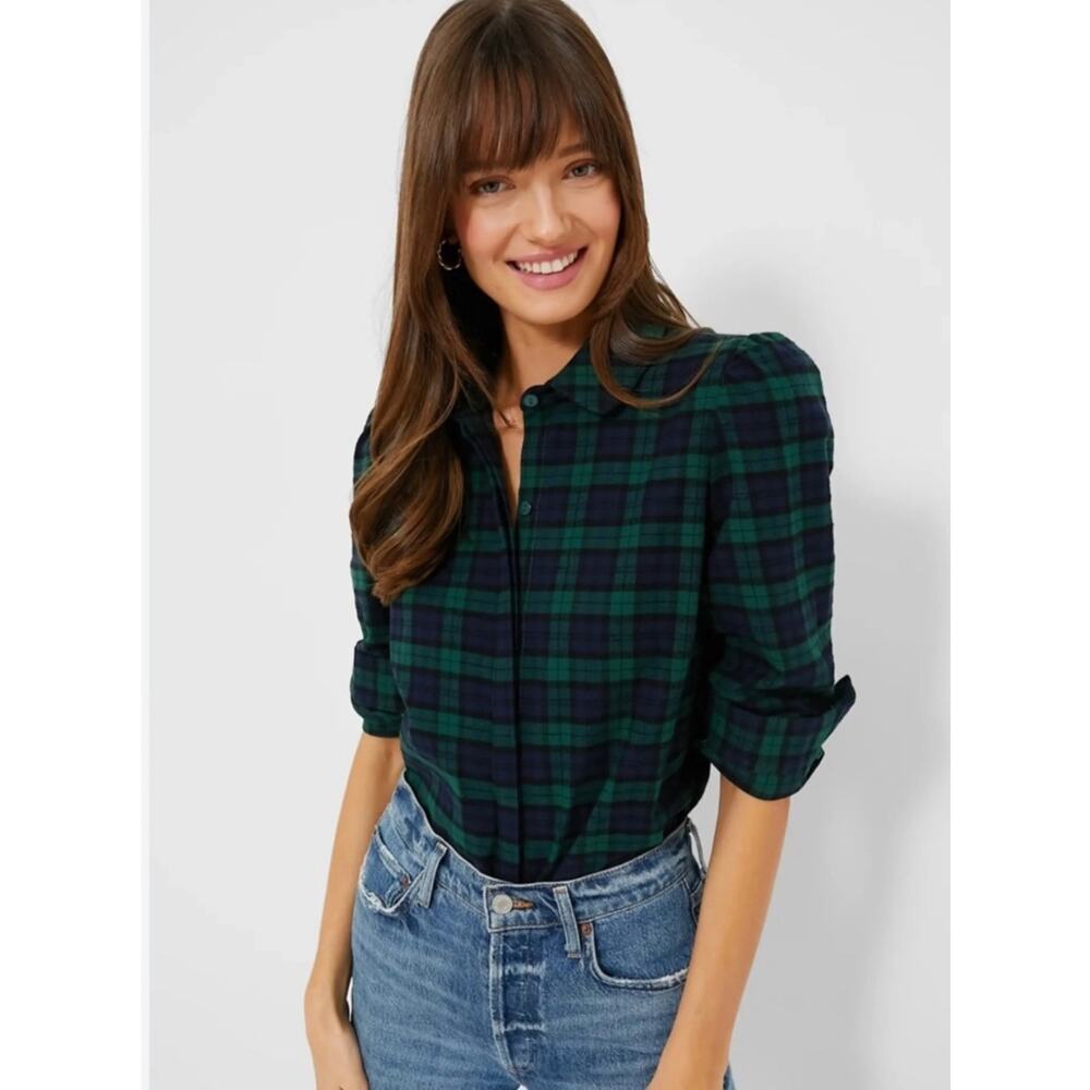 Tuckernuck Saranac Plaid Flannel Puff Sleeve Button Up Shirt Dainty Preppy